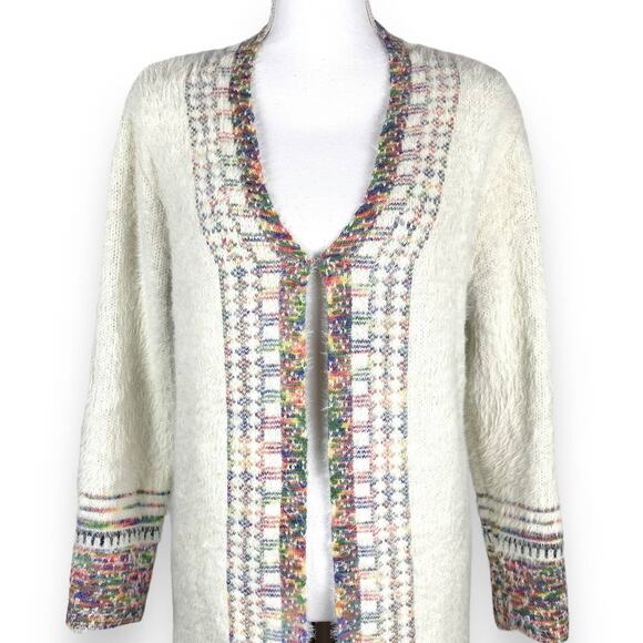 Janice Fuzzy Longline Cardigan Cream Southwestern Trim Fray Fringe Medium - Picture 5 of 14